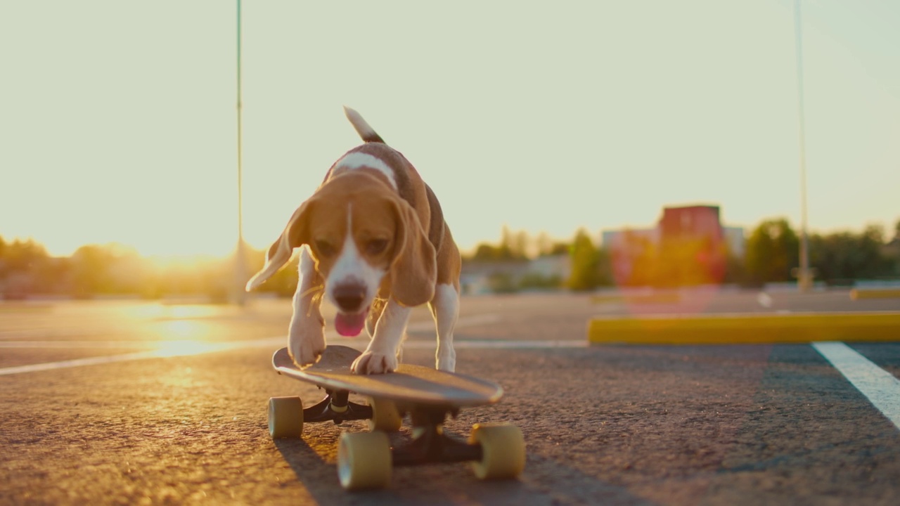 日落时分，比格犬在停车场玩滑板视频素材