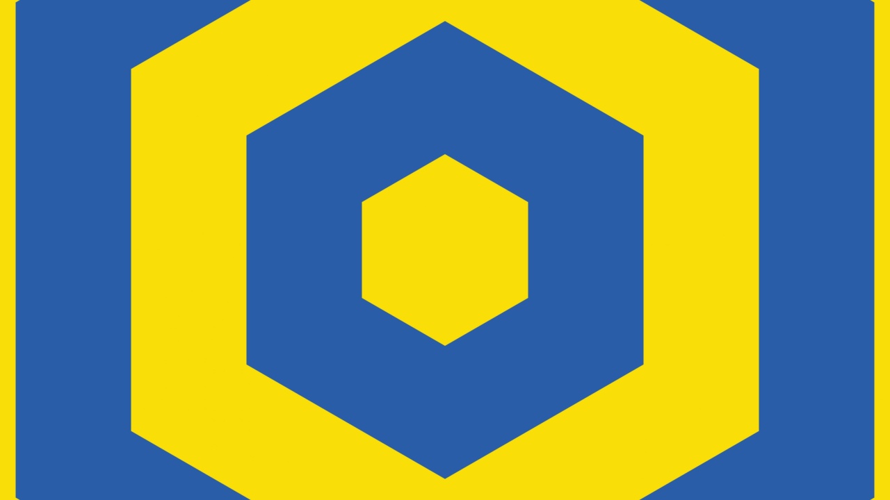 黄色和蓝色的六边形元素无缝循环几何动画。简单的背景动画与黄色和蓝色的正方形形状视频素材