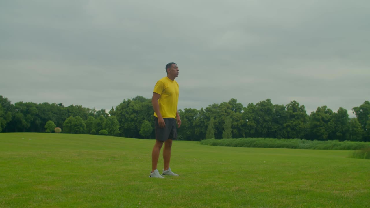 活跃的运动健康的非洲裔美国人在绿地上做立卧撑锻炼视频素材