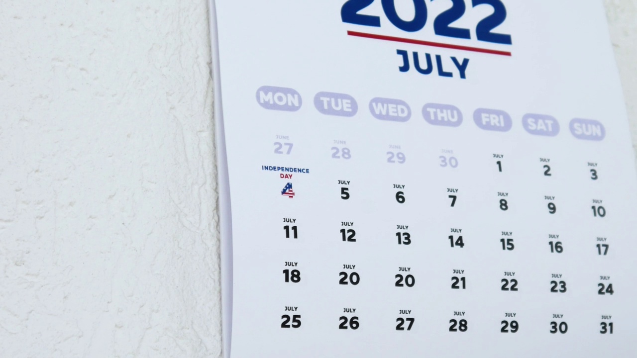 放大两个男人的手撕掉墙上的日历页2022，然后是7月的独立日视频素材