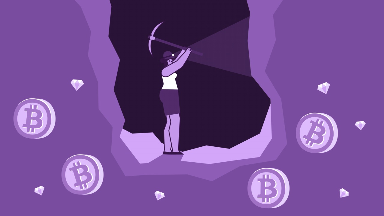 Purple Style Woman Flat Character在洞穴中挖比特币孤立的循环动画视频下载