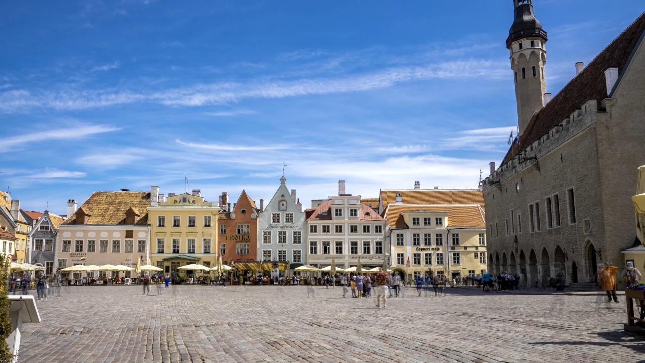 时间流逝的主要广场在塔林老城，爱沙尼亚。视频下载