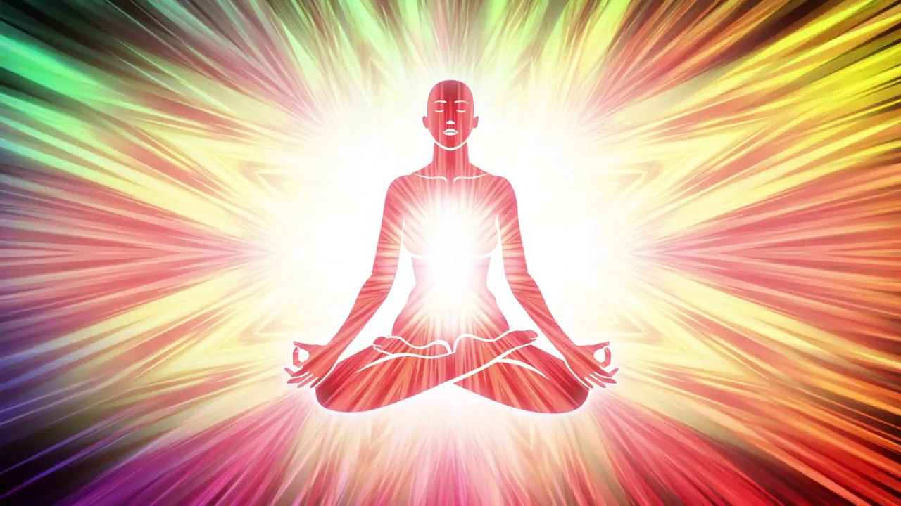 冥想人体剪影在瑜伽莲花位置彩色动画背景视频下载