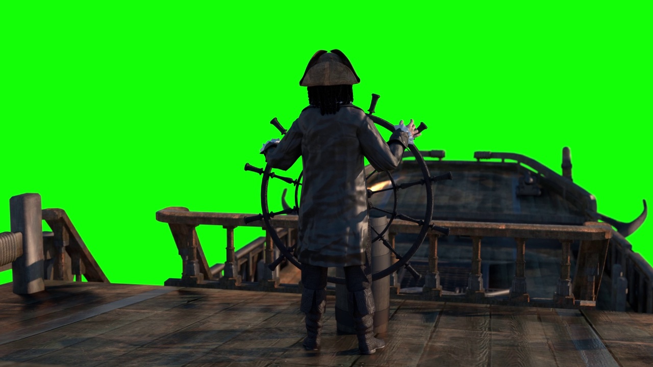 海盗船长握着船的方向盘，在一艘航行的海盗船上航行，在绿色循环背景上进行3d渲染视频下载