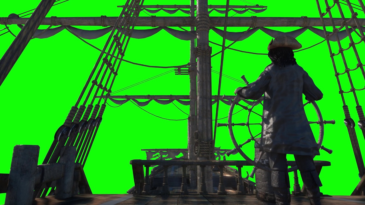 海盗船长握着船的方向盘，在一艘航行的海盗船上航行，在绿色循环背景上进行3d渲染视频下载