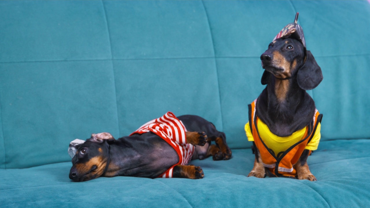 两只穿着工作服、戴着手工纸帽子的腊狗坐在沙发上，小狗听命令侧身倒在地上，其他的宠物继续坐着看别人。视频下载