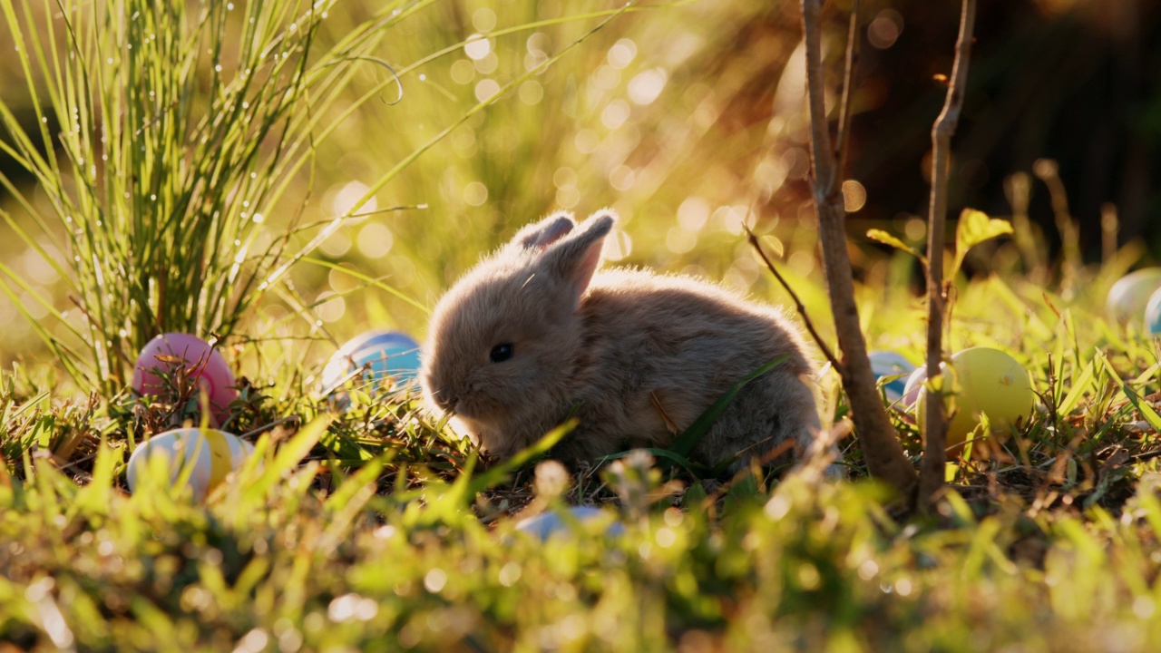 可爱的小兔子霍兰德在户外吃着新鲜的草视频素材