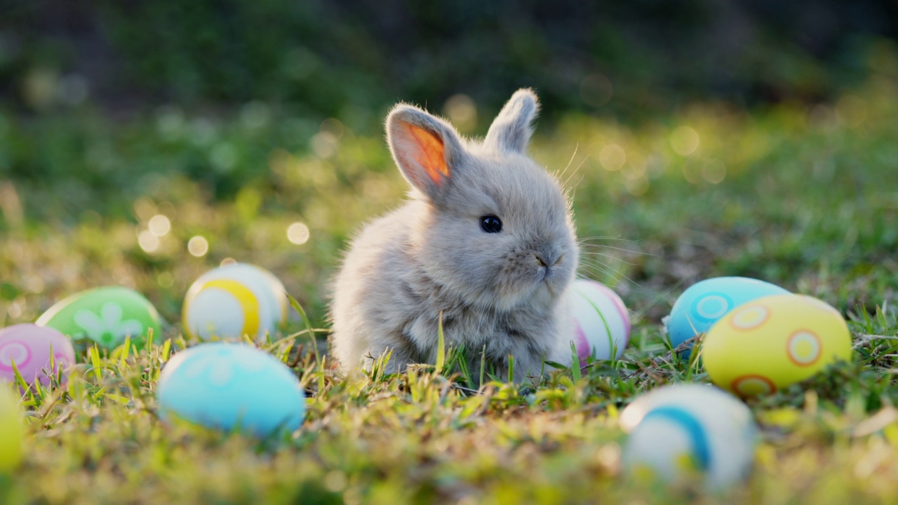 可爱的小兔子霍兰德在户外吃着新鲜的草视频素材