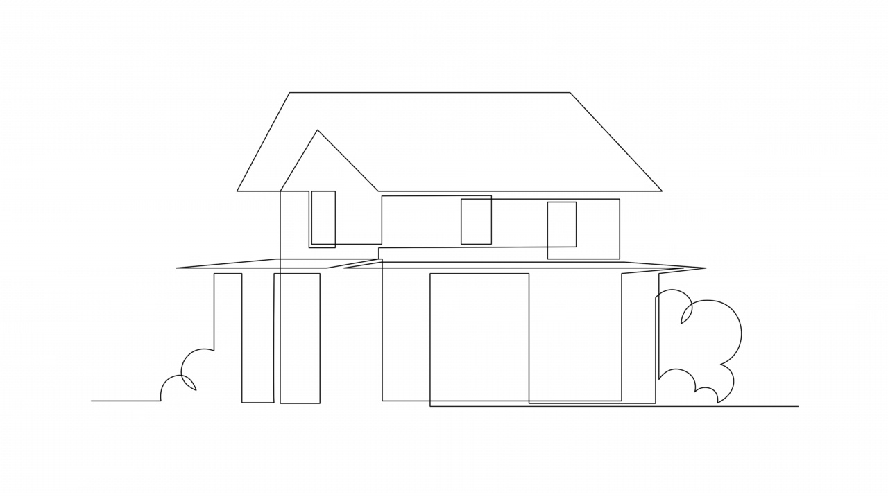 自己画动画屋。手绘黑线动画小屋在白色背景。自动绘图简单的动画。连续绘制一条线的House, 4K镜头视频下载