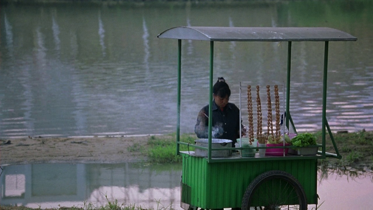广角的女人在食品摊贩的推车做饭，在河边或桥下的运河。海滩视频素材