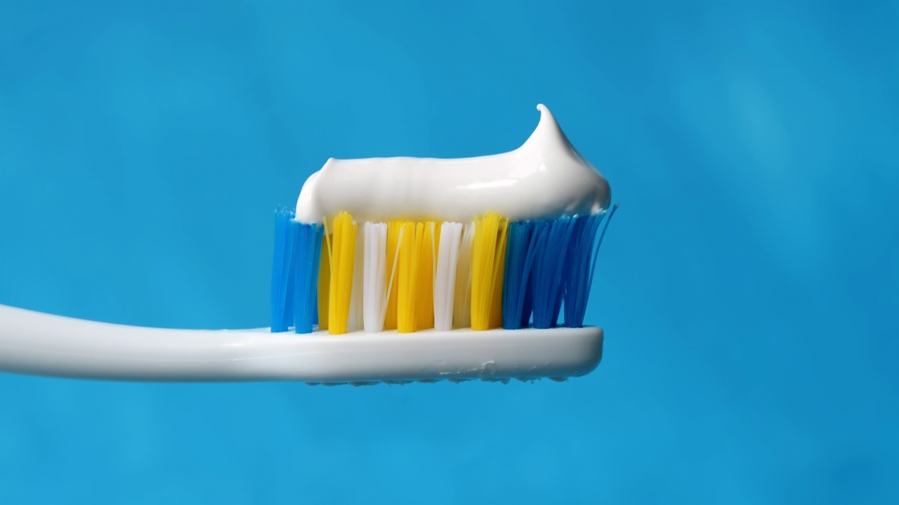 白色的牙膏在蓝色的背景上用牙刷从牙膏管中挤出来，牙膏末端有一个美丽的卷发。4k原始宏视频。视频下载