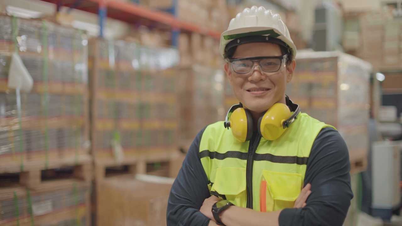 亚洲工业工人在工厂仓库工作的肖像视频素材