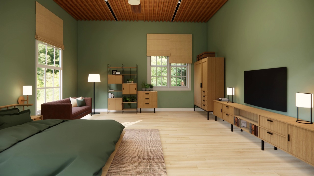 3 d渲染。室内住宅现代开放式客厅。Loft风格公寓住宅，舒适的卧室，绿色墙壁。视频下载