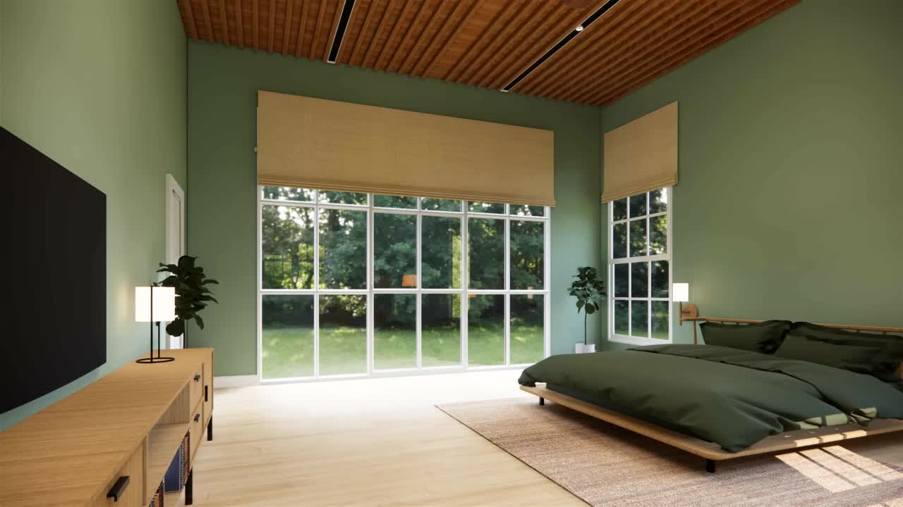 3 d渲染。室内住宅现代开放式客厅。Loft风格公寓住宅，舒适的卧室，绿色墙壁。视频下载