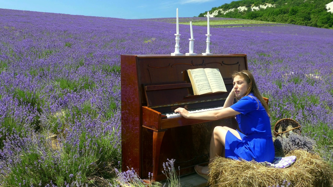 年轻的乡村女子在薰衣草地里弹琴视频下载