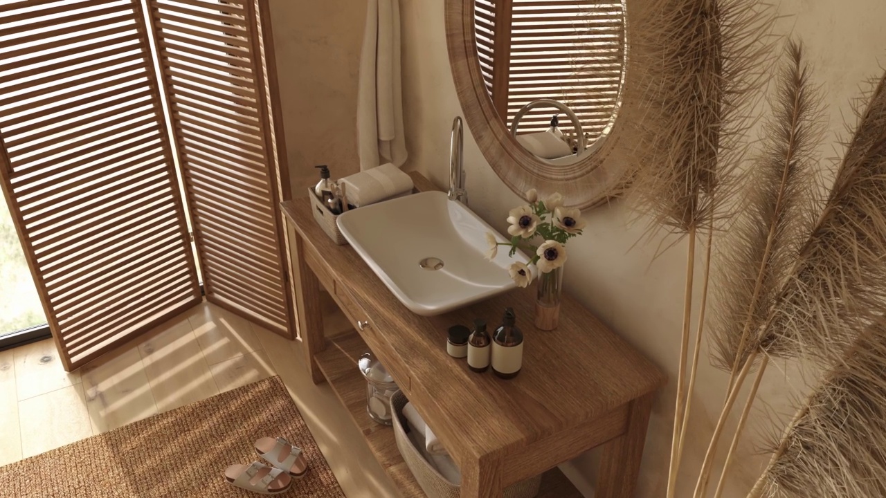波希米亚斯堪的纳维亚风格的家庭内部背景。米色浴室，搭配天然木制家具。3d渲染渲染4K视频动画场景。视频下载