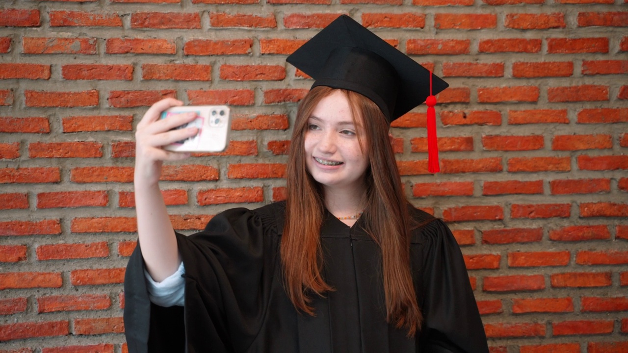 十几岁的女孩在毕业典礼上用手机自拍视频下载