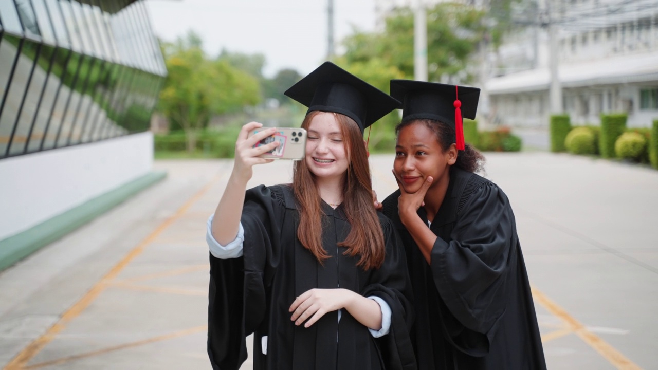 十几岁的黑人女孩用手机自拍与朋友在她的毕业日在一起视频下载