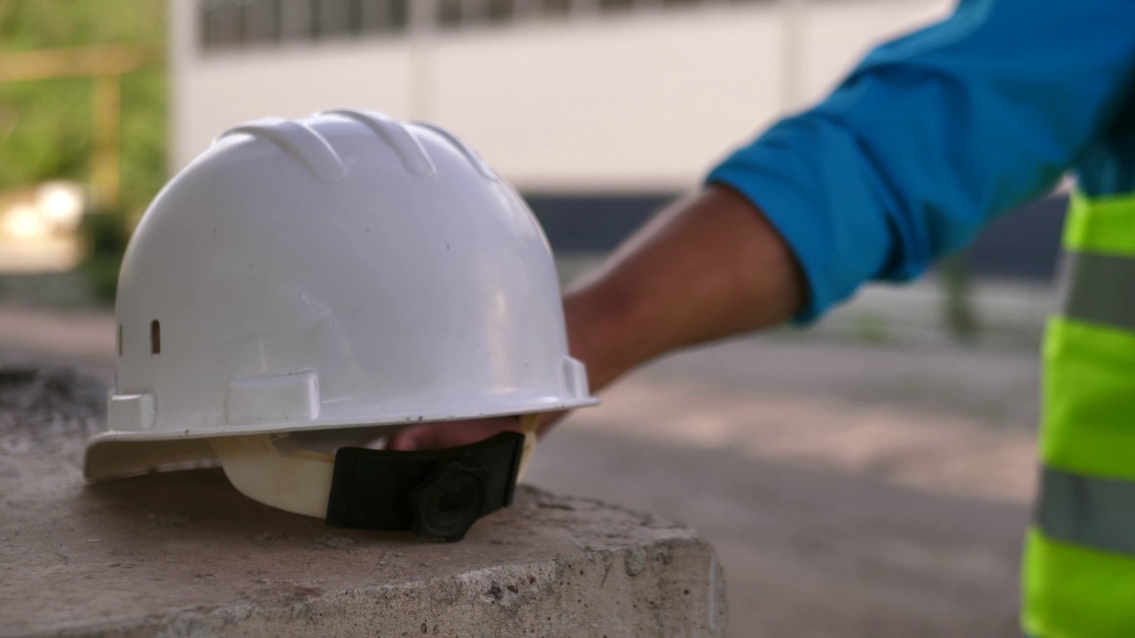 图为一名建筑工人在一座正在施工的大桥的钢筋混凝土桥墩上留下一顶白色防护帽。建筑工人在工地放下安全帽回家的镜头视频下载