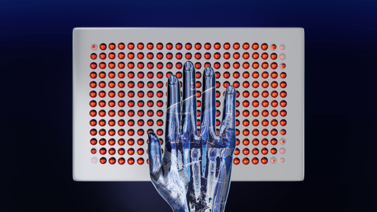 一只金属人工智能机器人手敲击着量子计算机平板电脑的波浪键盘。视频下载