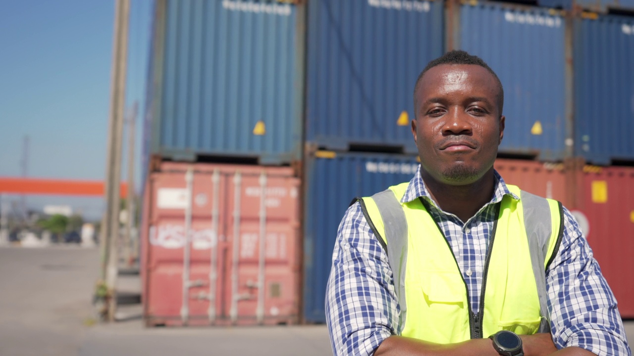 在集装箱船厂工作的非洲工程师的4K肖像。视频下载