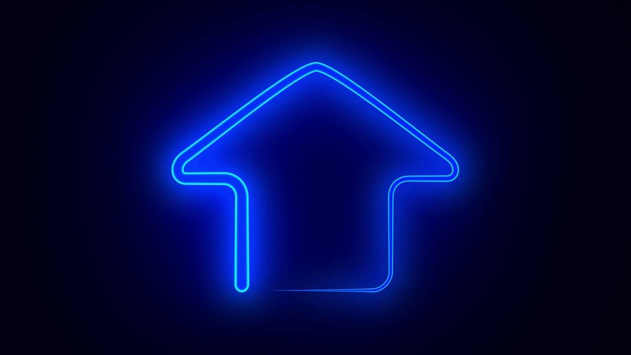 黑色背景上的蓝色霓虹灯房子。三维渲染视频下载