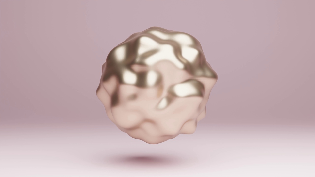 一个扭曲的金色球体的抽象3d动画，摇摆的运动设计，无缝循环的轻拍镜头上面的粉色粉彩背景视频下载