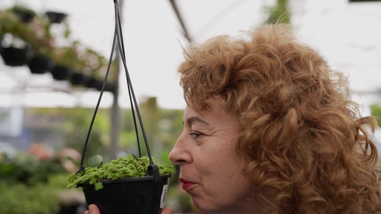 一个成熟的女人在一个大中心闻着一株植物视频素材