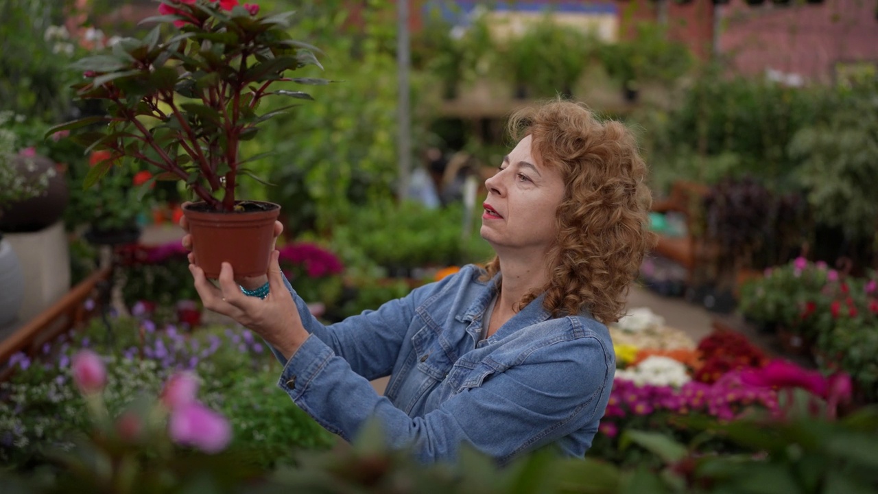 一个成熟的女人在花园中心浇灌植物视频素材