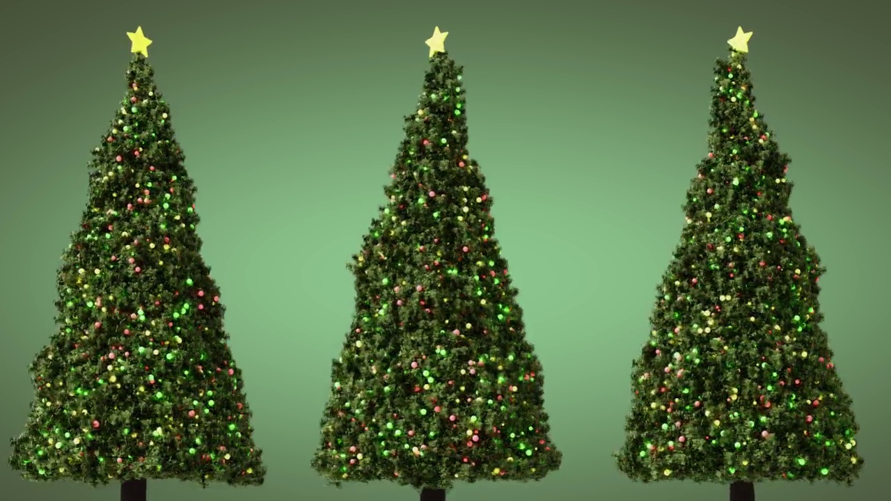 无缝循环旋转三棵圣诞树，绿色背景上有一颗星星，3d渲染，复制空间视频下载