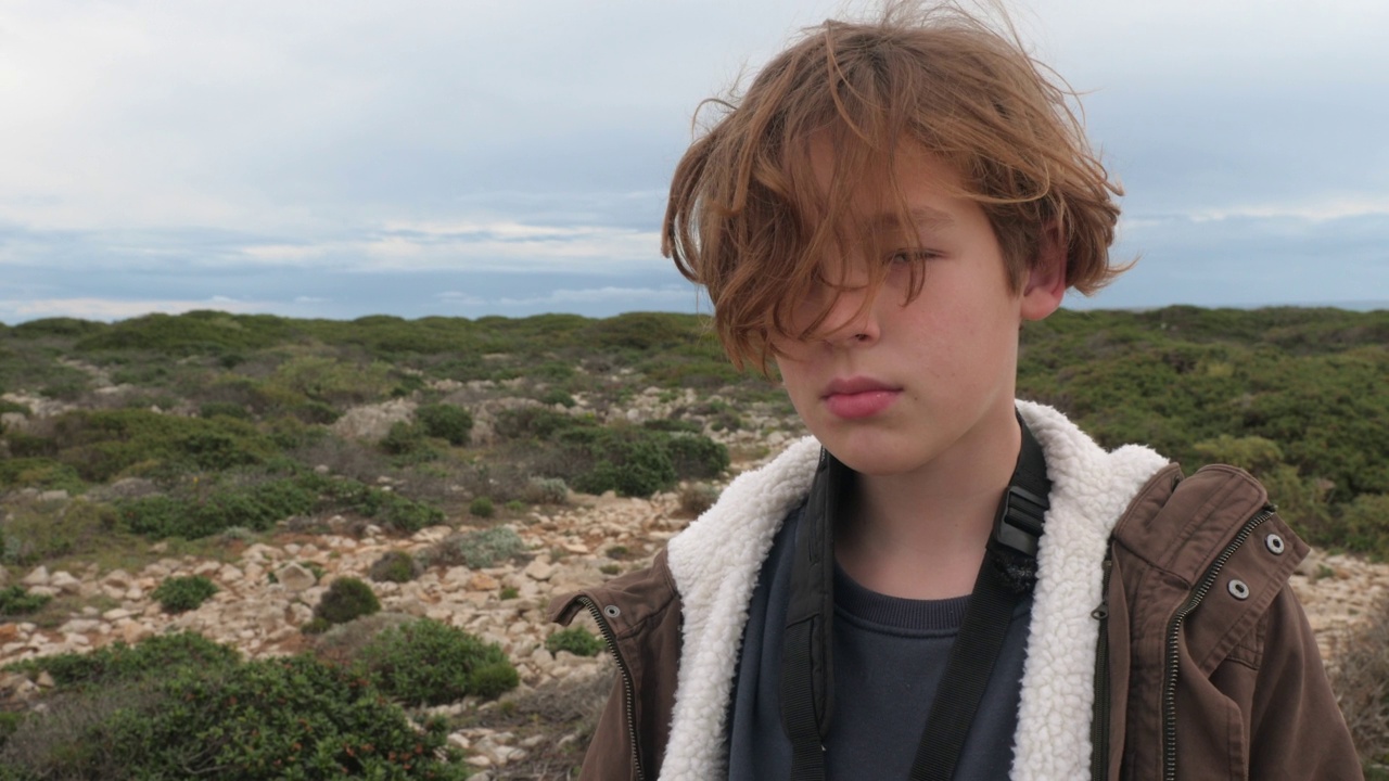 男孩肖像的自然和天空的背景视频下载