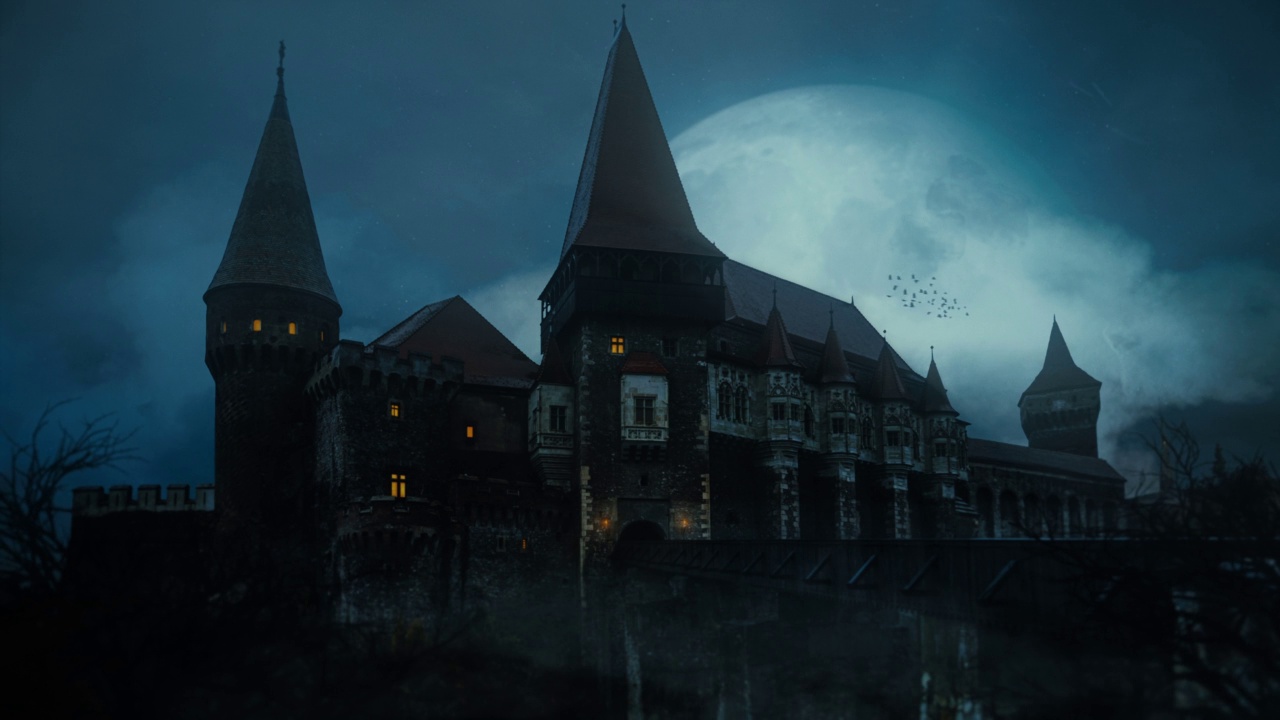 古老的中世纪城堡的夜晚，大满月的背景和乌鸦飞过视频素材