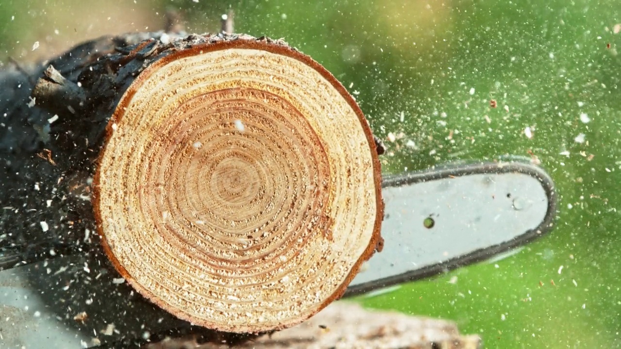 电锯切割原木的超慢速动作。视频素材