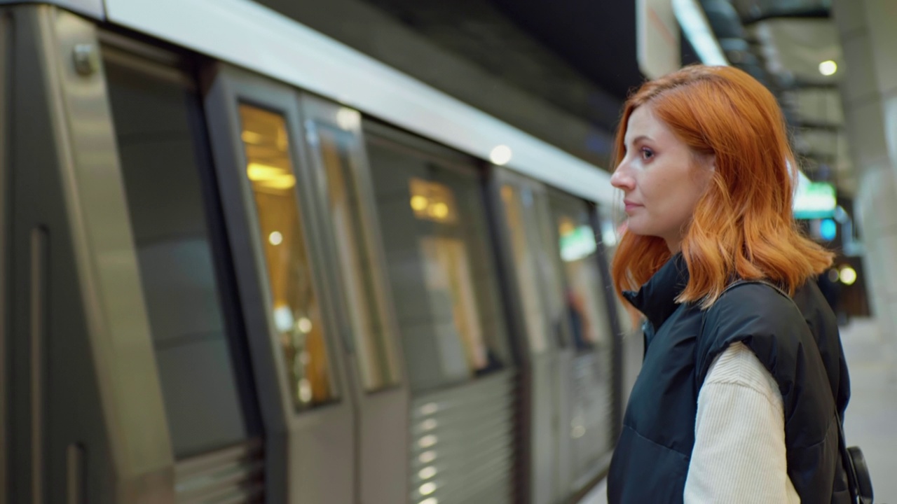 一名女游客在地铁站站台等待过往列车。视频素材