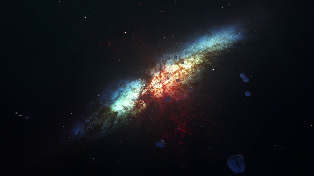 太空飞行外太空探索旅行到小宏伟星暴星系梅西耶82云。4K三维循环空间探索到小宏伟星暴星系M82视频下载