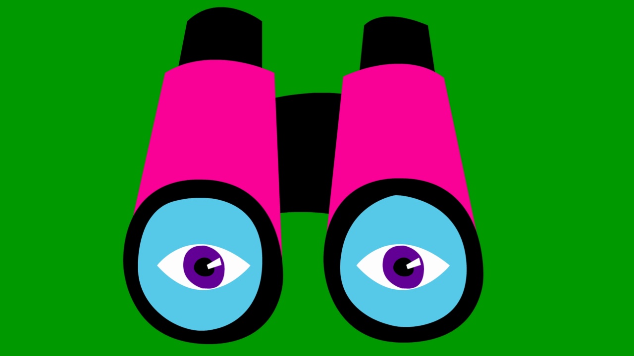 有眼睛的粉红色动画望远镜。眨一下眼睛。毛圈的视频。搜索、旅行的概念。矢量插图在绿色背景。视频素材