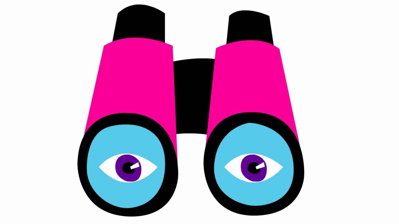 有眼睛的粉红色动画望远镜。眨一下眼睛。毛圈的视频。搜索、旅行、间谍的概念。矢量插图在白色背景。视频素材
