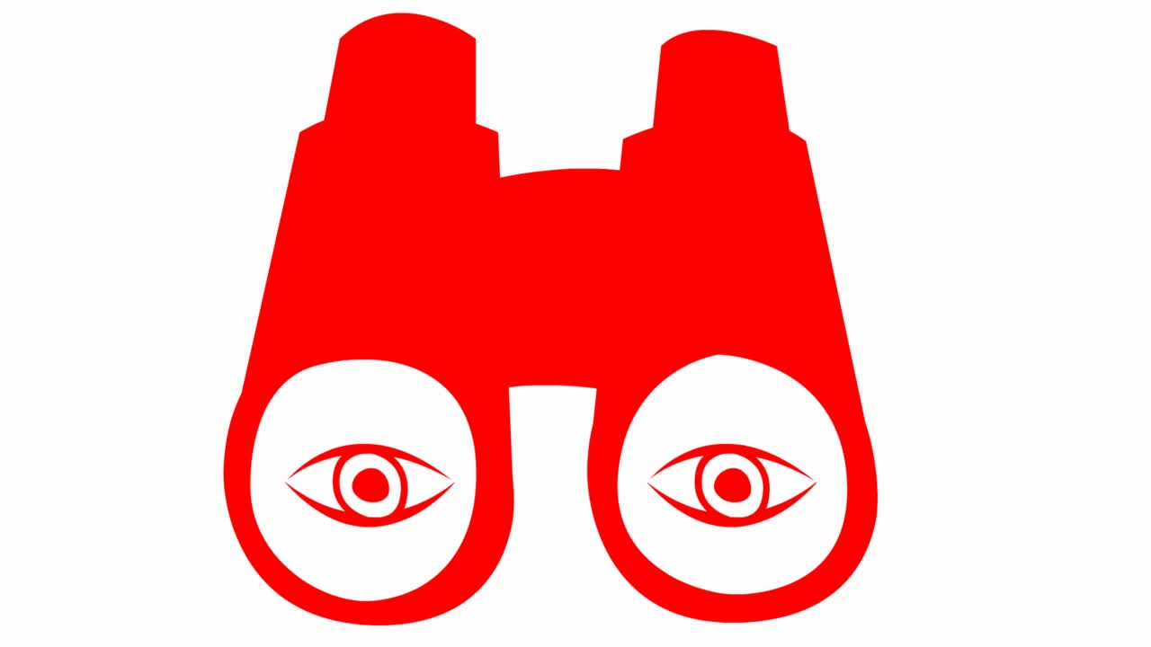 有眼睛的红色动画望远镜。眨一下眼睛。毛圈的视频。搜索、旅行、间谍的概念。矢量插图在白色背景。视频下载