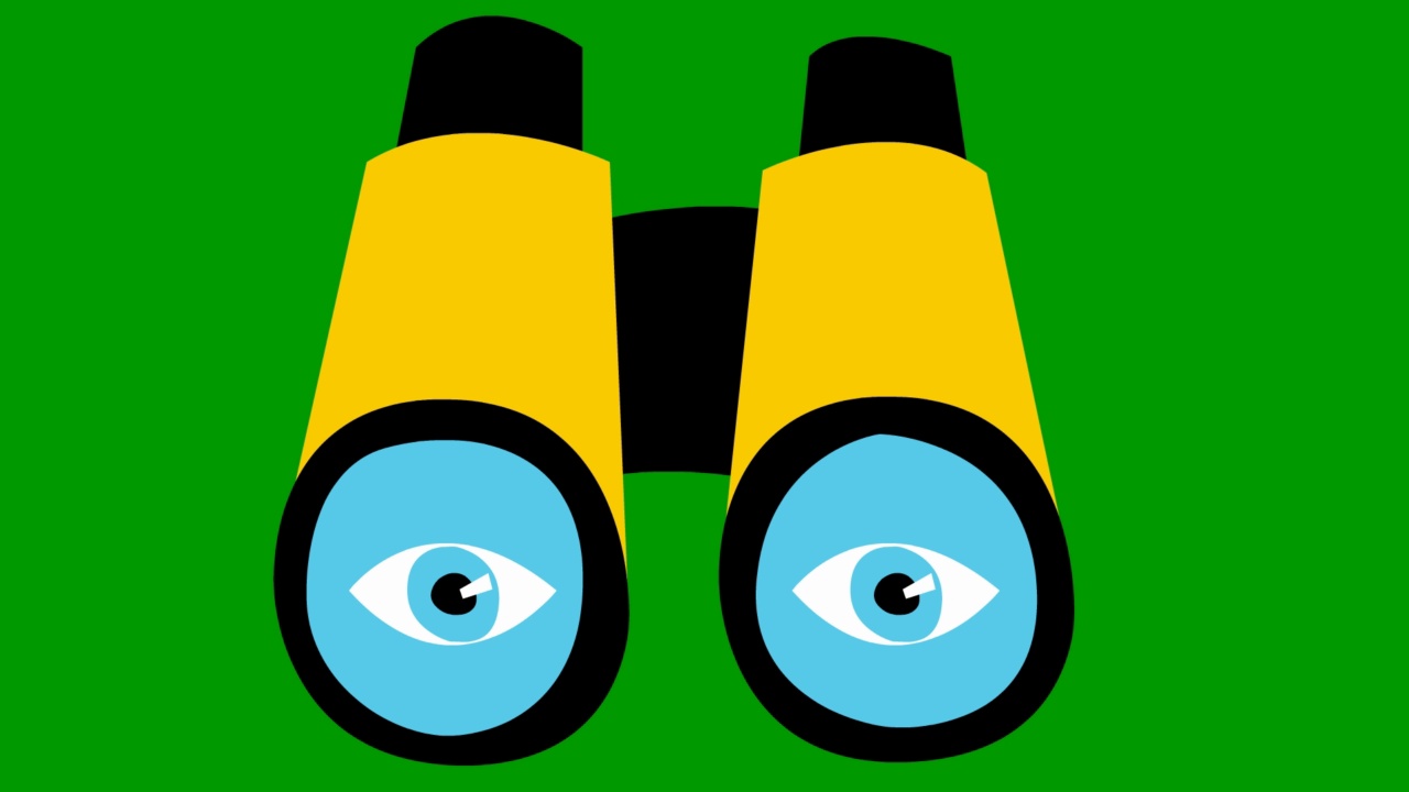 栩栩如生的带眼睛的黄色望远镜。眨一下眼睛。毛圈的视频。搜索、旅行、间谍的概念。矢量插图在绿色背景。视频素材