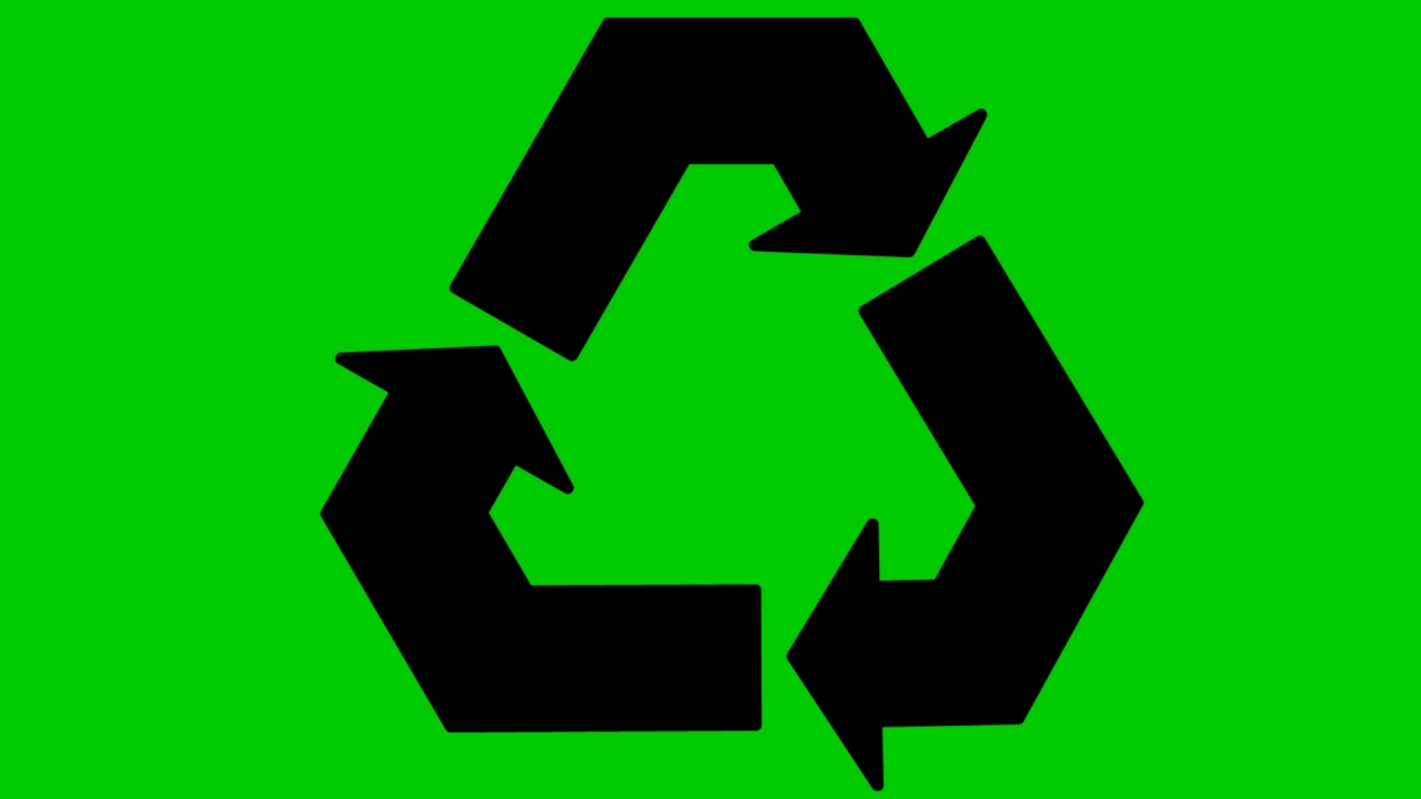 动画生态图标。黑色象征回收。绿色科技理念，环境友好。矢量图孤立在绿色背景上。视频下载