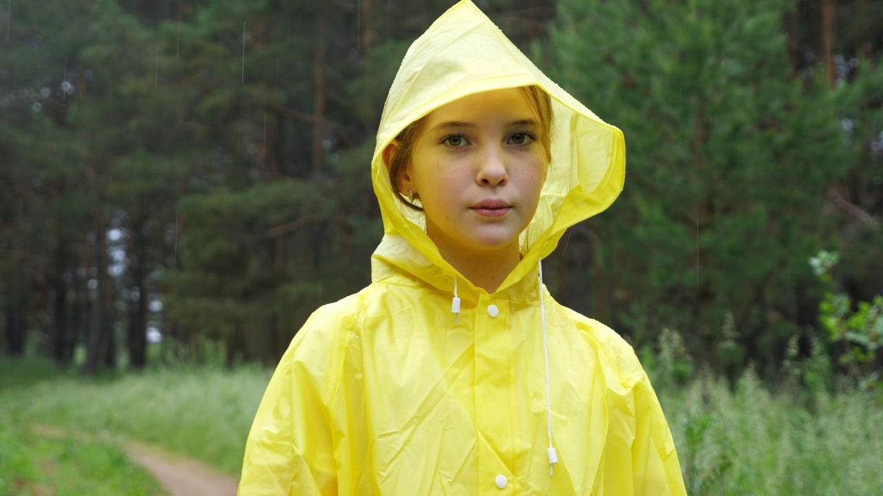 严肃的女孩穿着黄色雨衣，在镜头里看起来很悲伤视频下载