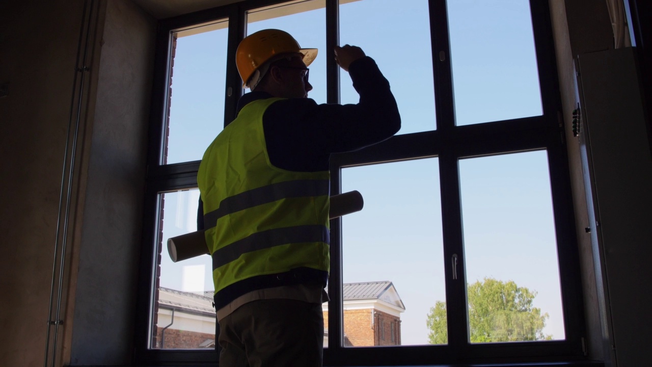 男性建筑工人戴着头盔，窗户上放着蓝图视频下载