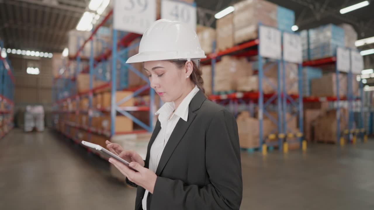 职业亚洲女性经理戴着安全帽，通过应用程序在使用数字平板电脑检查库存，在零售仓库的货架上，货物在纸箱包装在托盘上选择的货架上。负责分配的员工视频素材