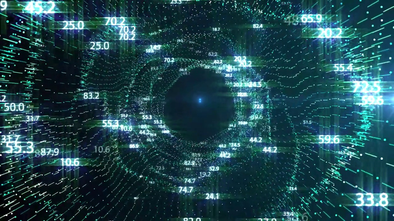 动画4K飞进了数字技术隧道。3D大数据数字化隧道广场与未来矩阵。二进制码粒子网络。技术和连接运动背景。视频下载