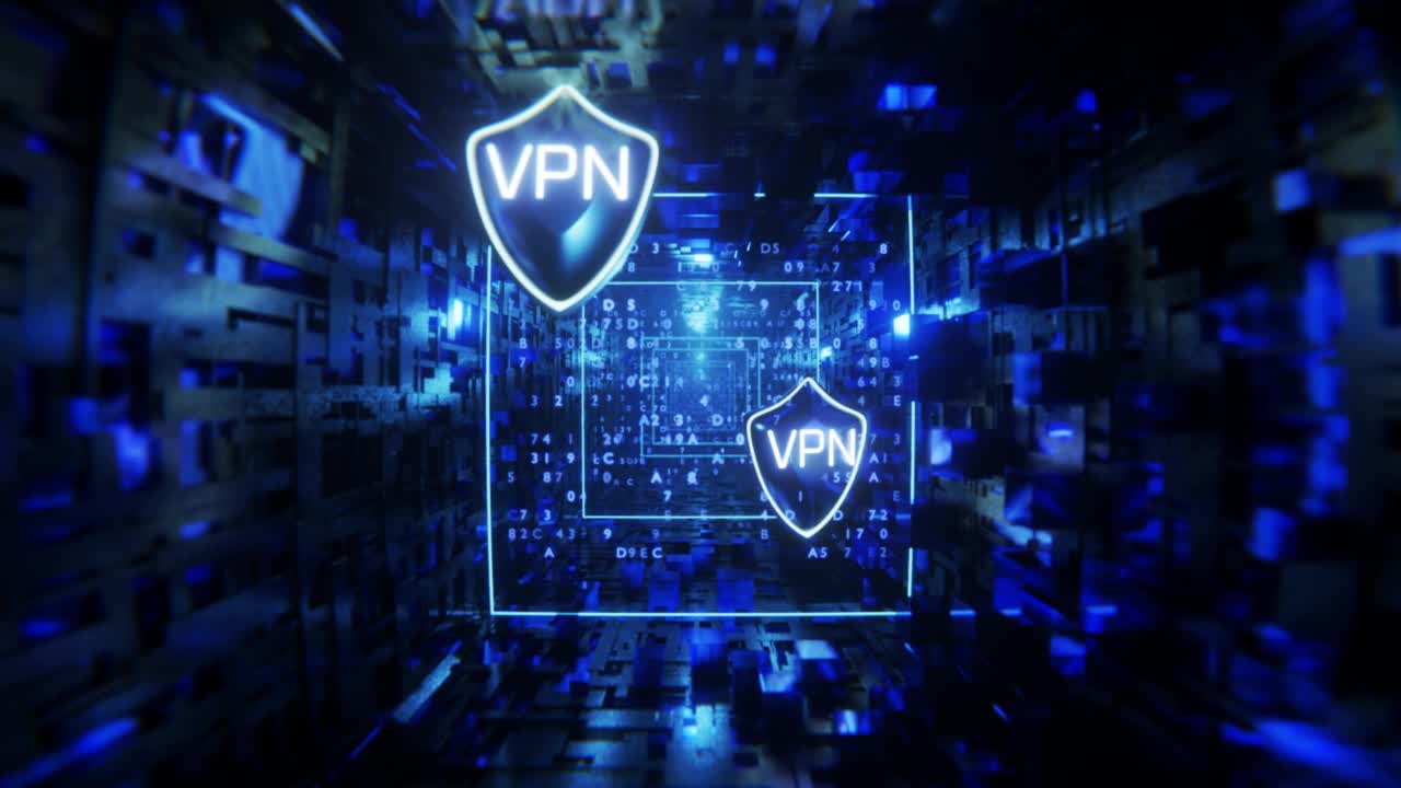 虚拟专用网络。旋转的摄像头在隧道内与铭文VPN。VPN的概念。视频下载