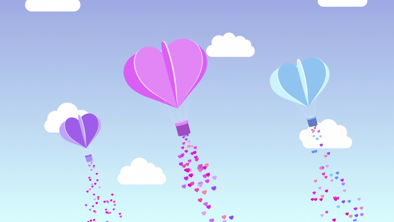 心形气球飞过云层，天空有心形颗粒(无缝循环)视频素材