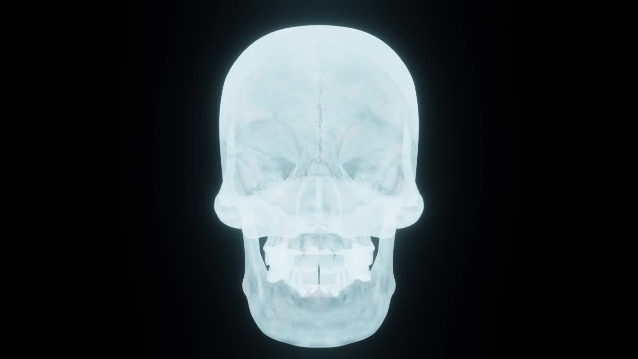 蓝色头骨与明亮的霓虹灯头脑在黑暗背景VJ循环视频素材
