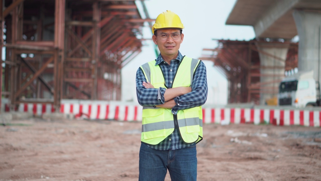 在建筑工地检查项目的工程师，在基础设施建设工地戴着安全帽双臂交叉的男子视频下载