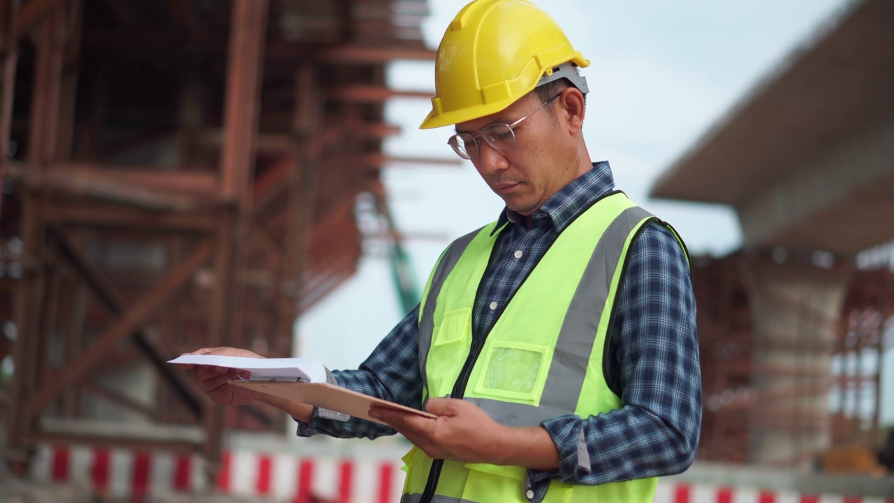 亚洲建筑工程师在工地检查项目，工头戴安全帽在基础设施施工现场视频素材
