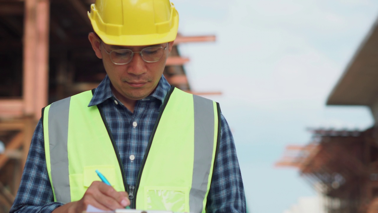 亚洲建筑工程师在工地检查项目，工头戴安全帽在基础设施施工现场视频素材
